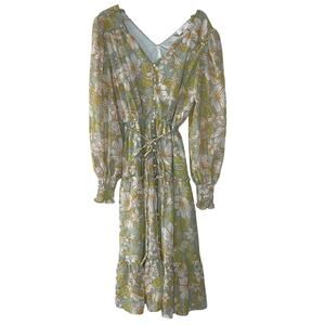 RACHEL PARCELL  FLORAL PRINT LONG SLEEVE‎ CHIFFON MIDI DRESS SIZE M